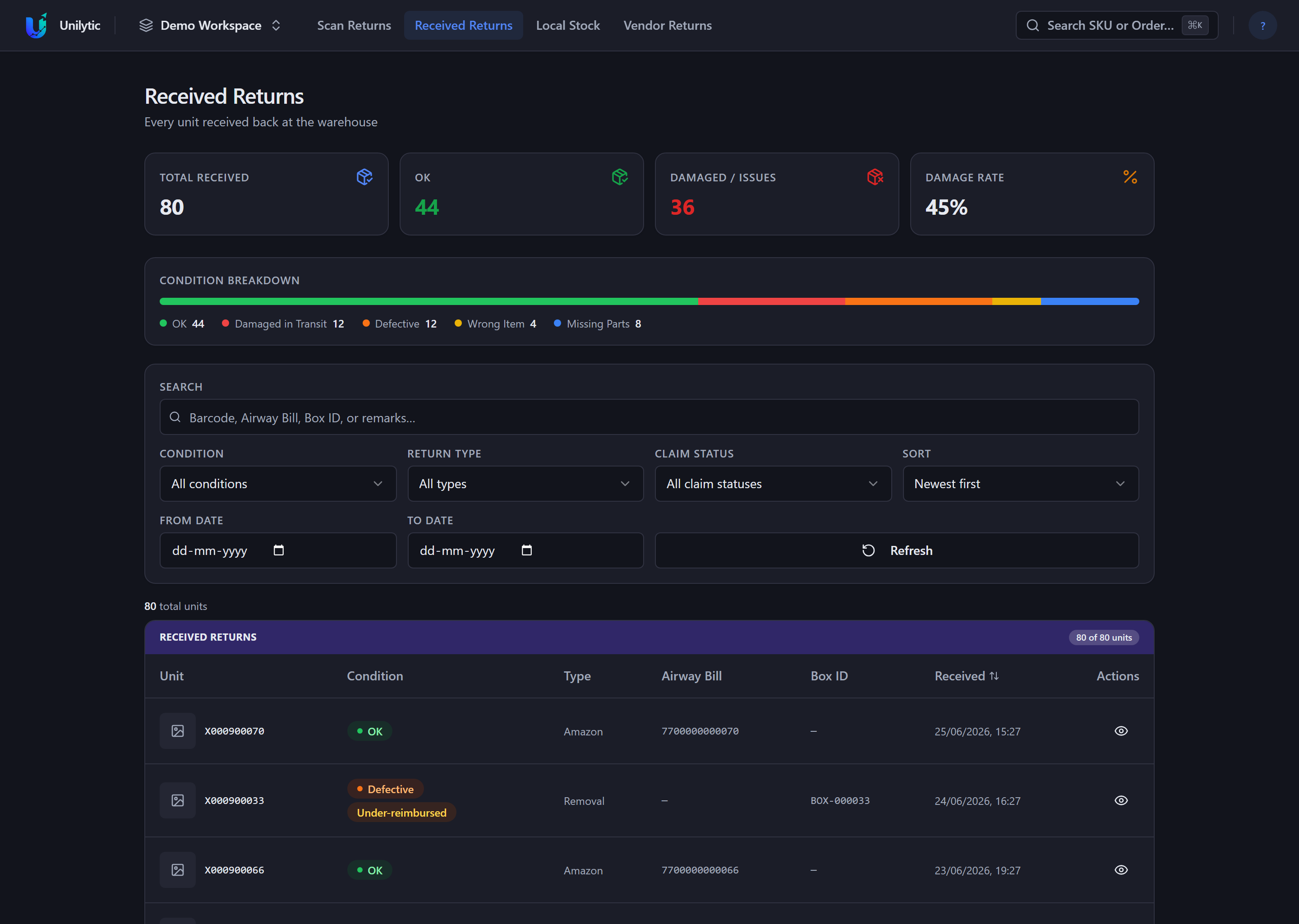 Received Returns log