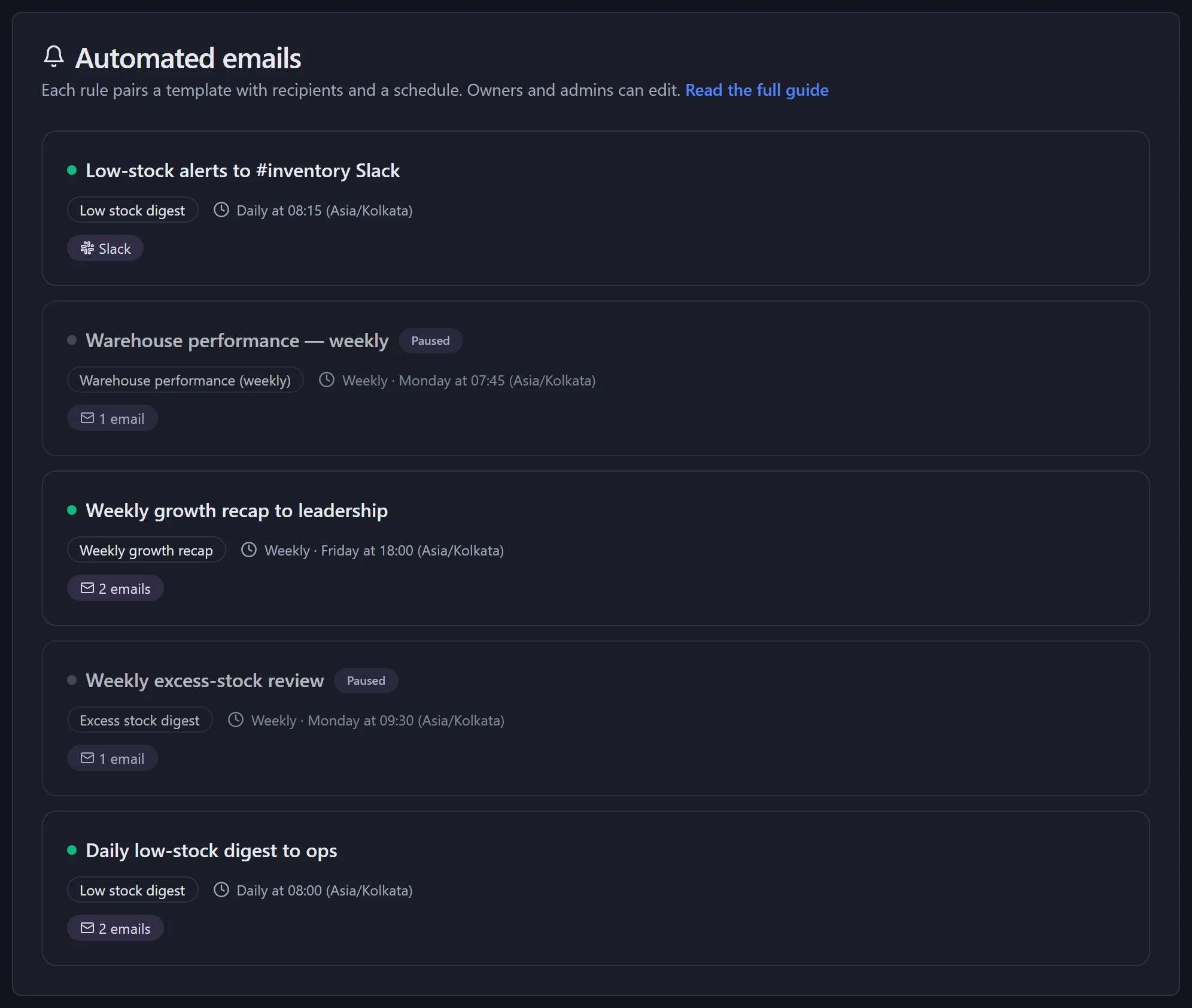 Automated email rules with schedules, recipients and a Slack destination