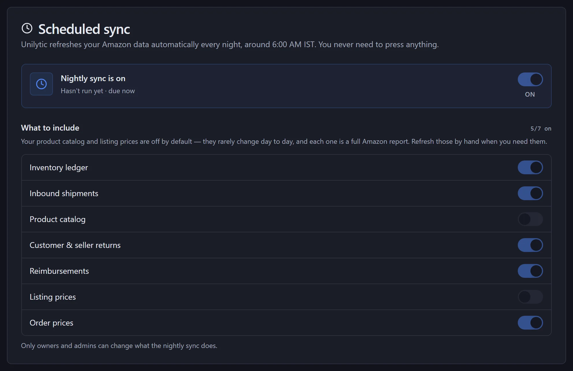 Scheduled nightly sync settings