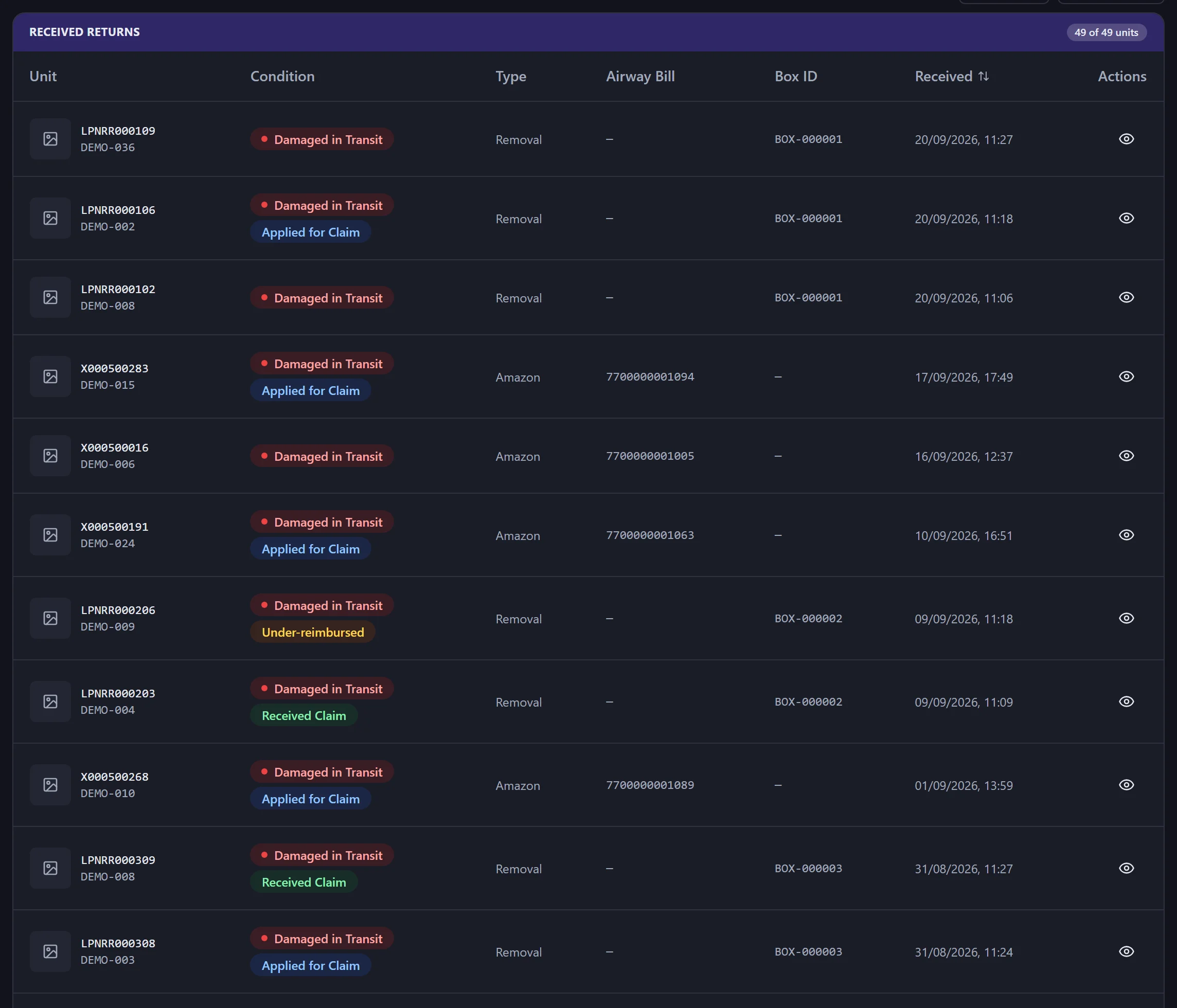 Received returns log with condition and claim status