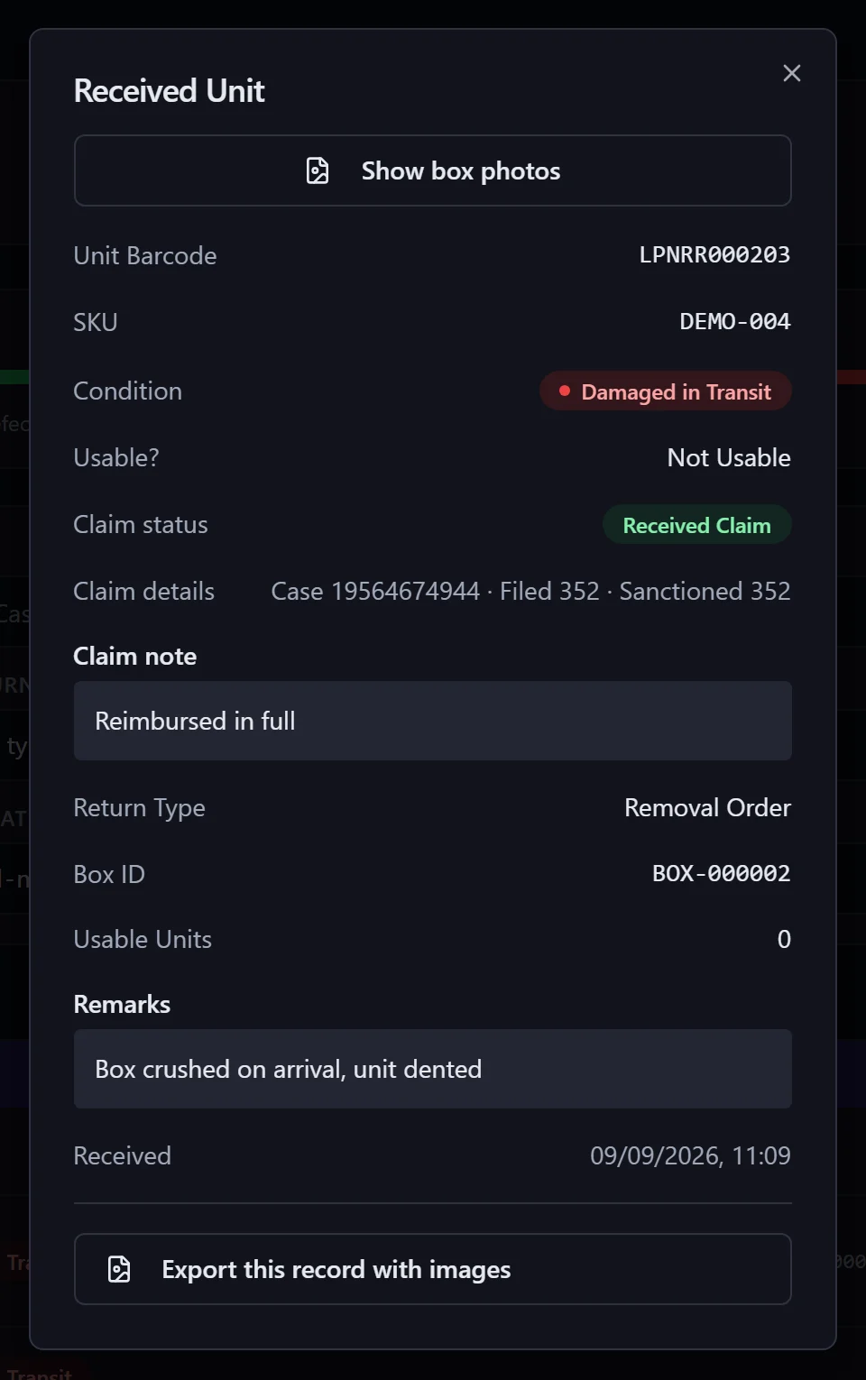 Received unit detail: condition, usability, claim status, case ID, amounts, remarks, photos